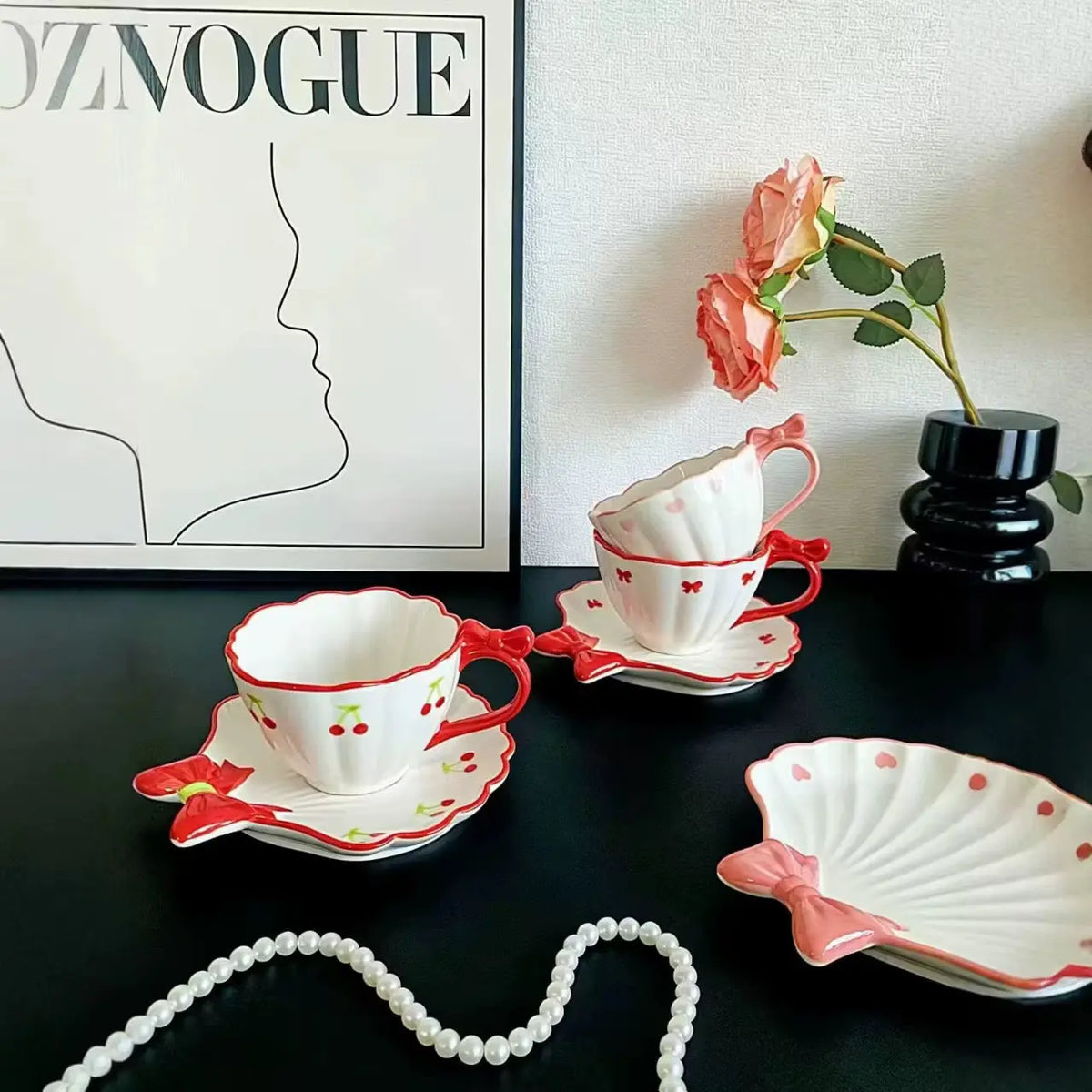 Cute Bow & Cherry Ceramic Tea Cup with Saucer 260ml