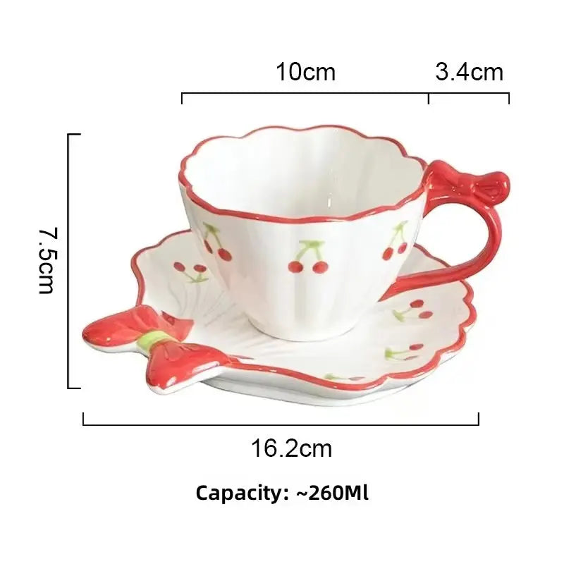 Cute Bow & Cherry Ceramic Tea Cup with Saucer 260ml