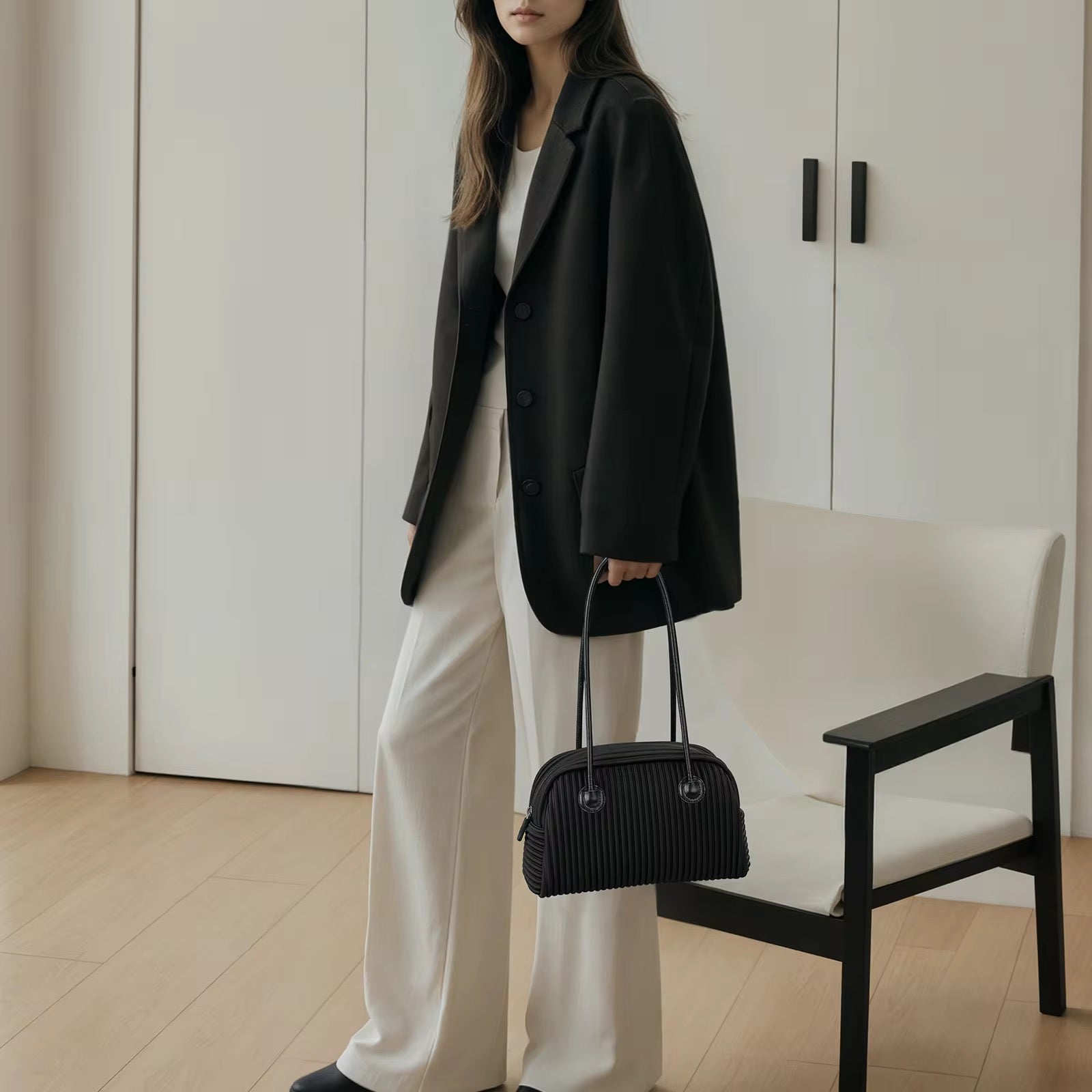 Pleated Pearl Handle Handbag Modern Minimalist Crossbody & Tote