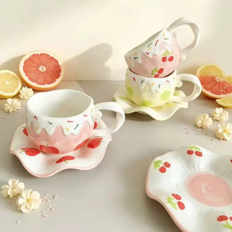 Sweet Fruit Drip Ceramic Cup with Matching Saucer