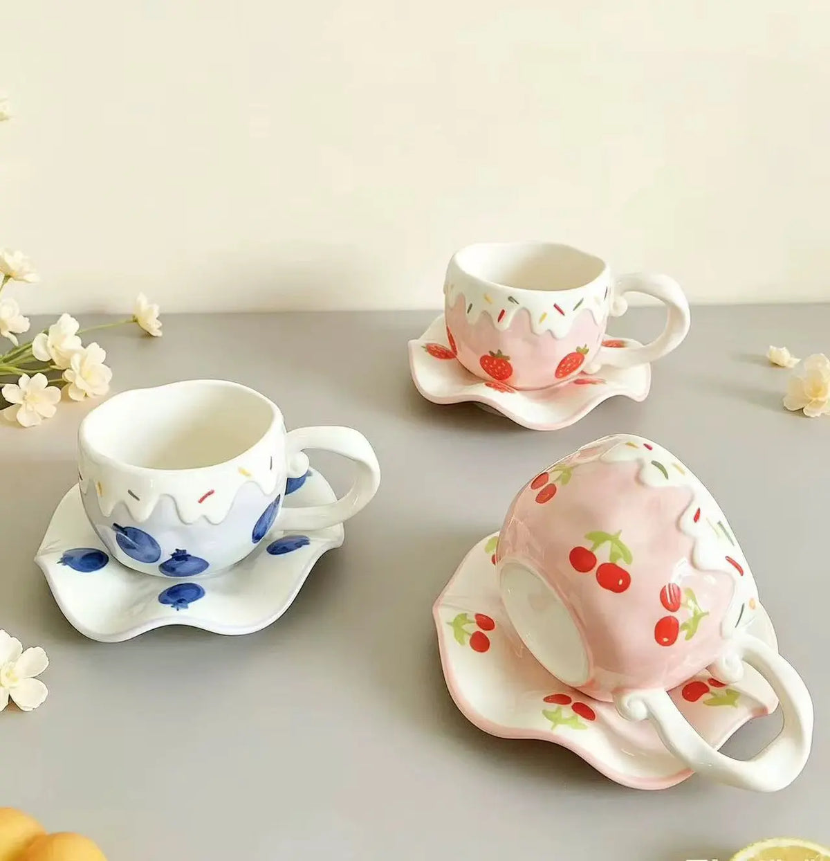 Sweet Fruit Drip Ceramic Cup with Matching Saucer