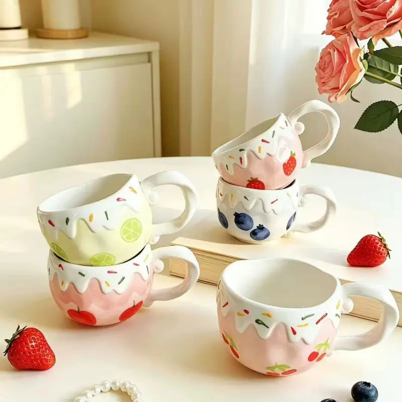 Sweet Fruit Drip Ceramic Cup with Matching Saucer