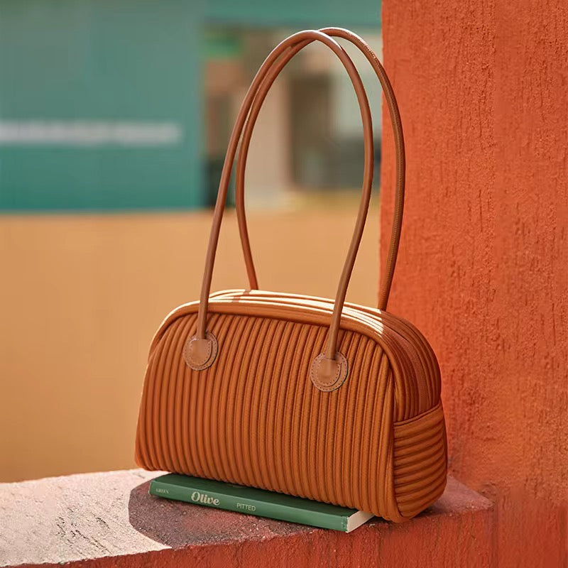 Pleated Pearl Handle Handbag Modern Minimalist Crossbody & Tote