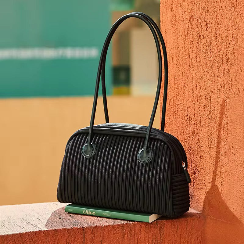 Pleated Pearl Handle Handbag Modern Minimalist Crossbody & Tote