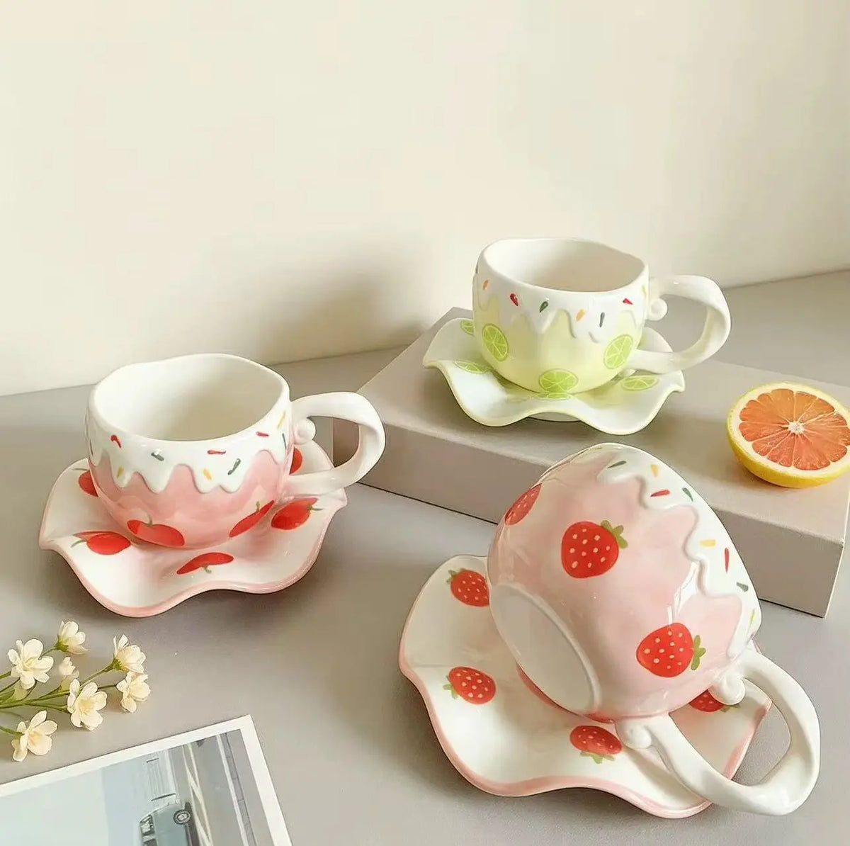 Sweet Fruit Drip Ceramic Cup with Matching Saucer