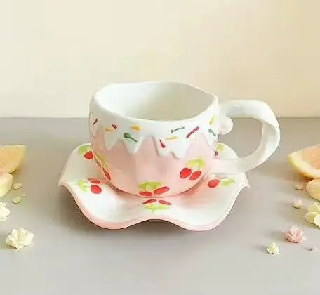 Sweet Fruit Drip Ceramic Cup with Matching Saucer