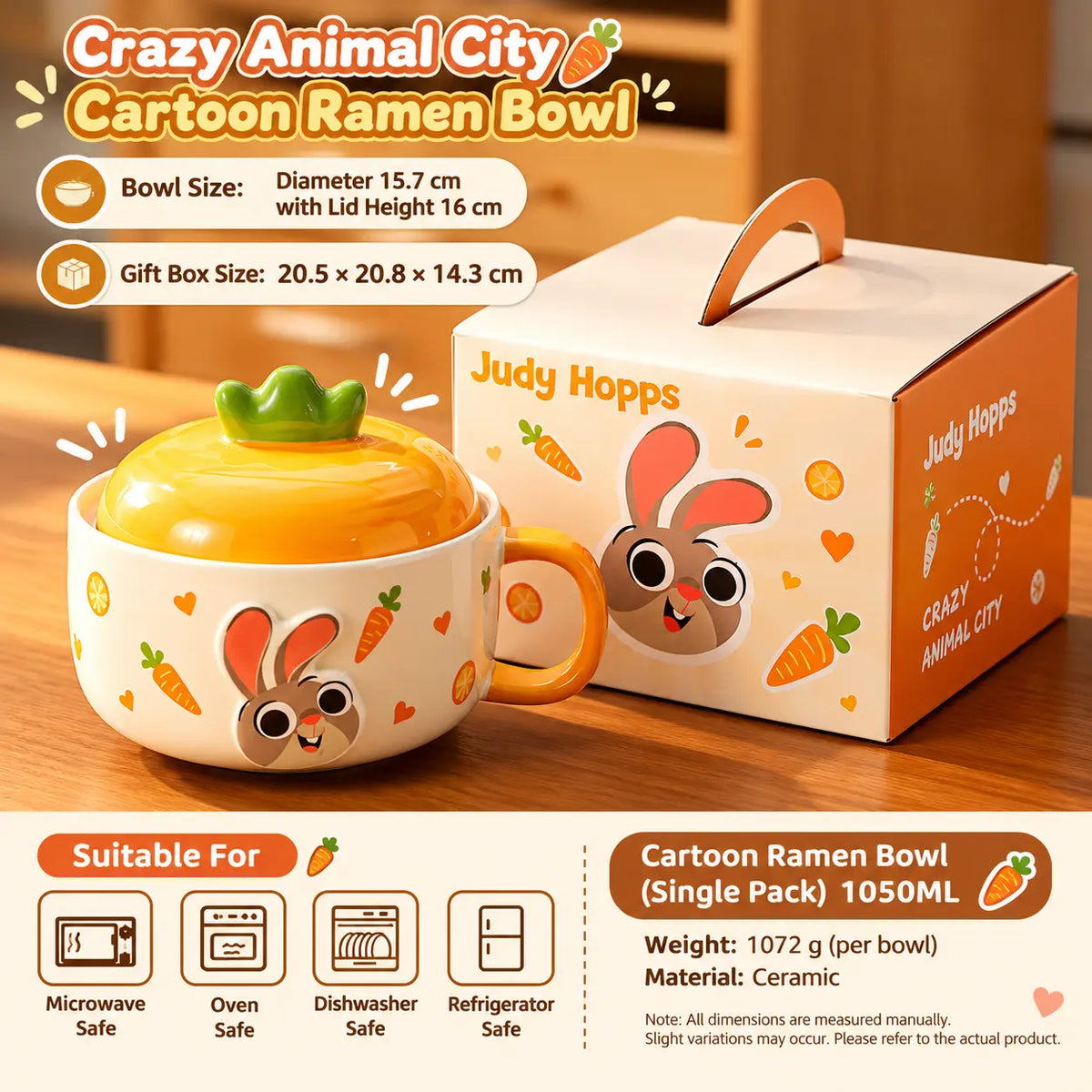 Cute Cartoon Ceramic Ramen Bowl with Lid & Handle – 1050ML