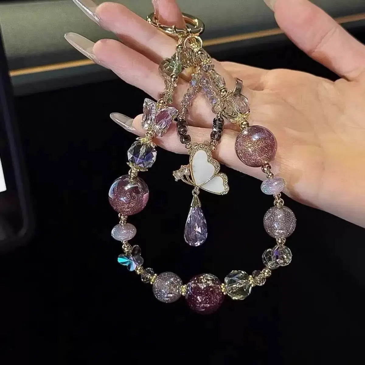 Elegant Butterfly Beaded Phone Charm Crystal Wrist Strap Keychain Sparkels  Sparkels