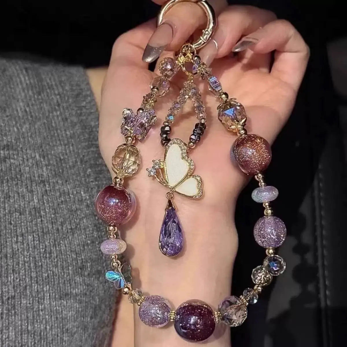 Elegant Butterfly Beaded Phone Charm Crystal Wrist Strap Keychain Sparkels  Sparkels