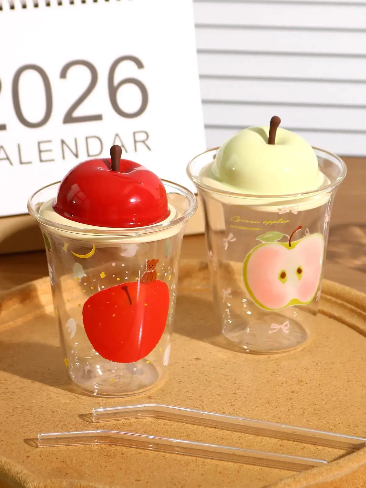 Cute Apple Glass Tumbler with 3D Apple Lid & Straw