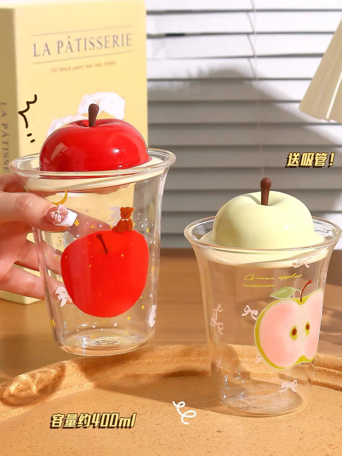 Cute Apple Glass Tumbler with 3D Apple Lid & Straw