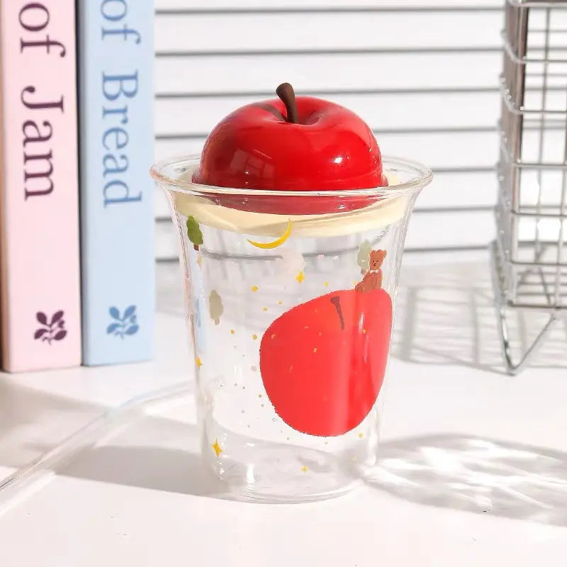 Cute Apple Glass Tumbler with 3D Apple Lid & Straw