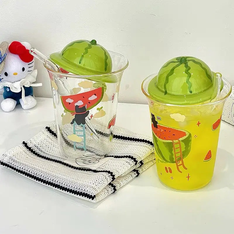 Cute Watermelon Glass Tumbler with 3D Lid & Straw