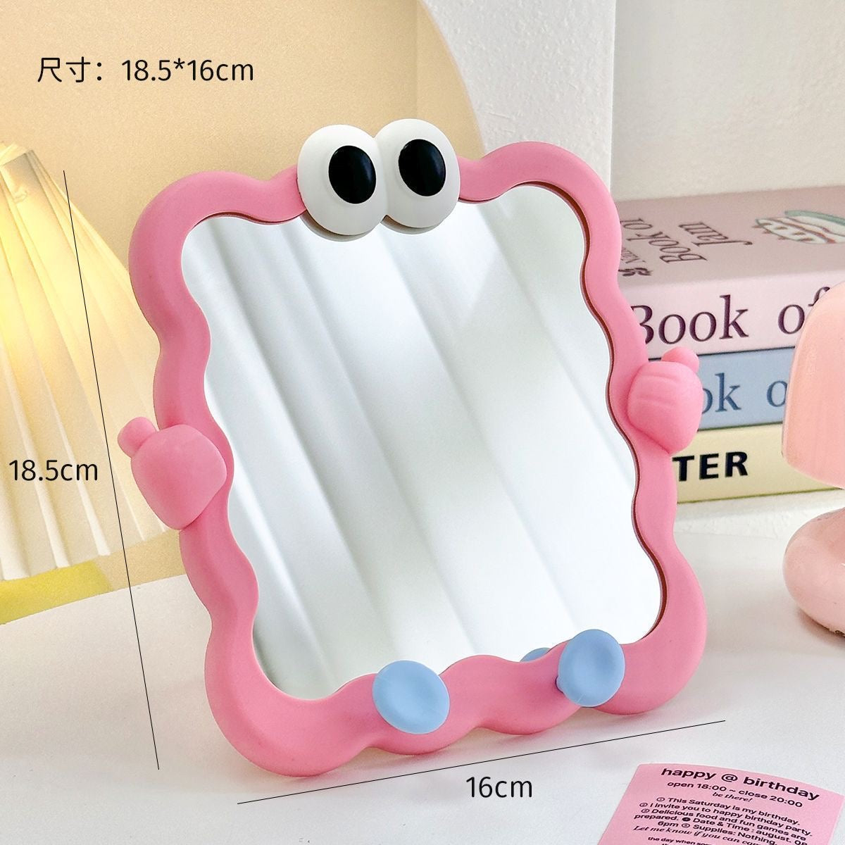 Kawaii Wavy Frame Mirror with Googly Eyes Tabletop & Wall Mount Design