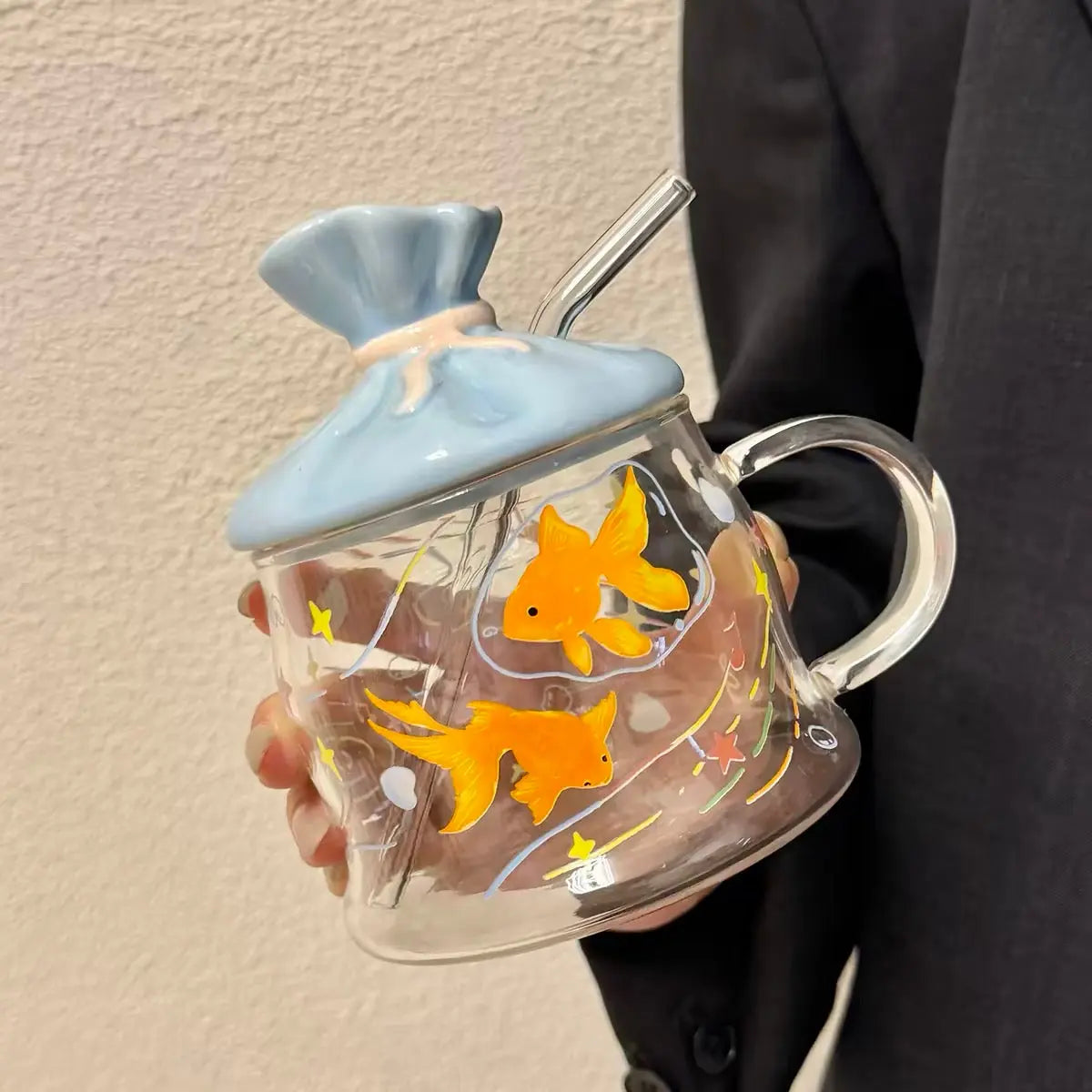 Goldfish Glass Mug with Candy Bag Lid & Straw