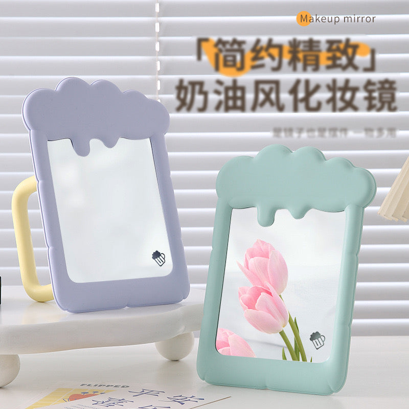 Kawaii Milk Foam Mirror with Handle Pastel Aesthetic Table Mirror