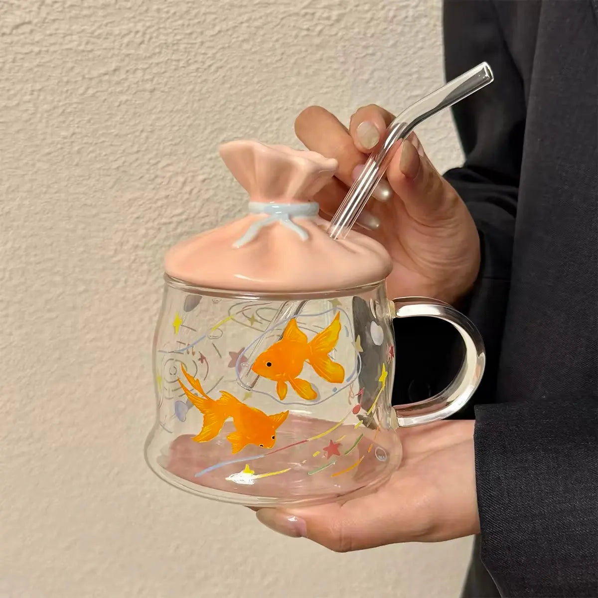 Goldfish Glass Mug with Candy Bag Lid & Straw