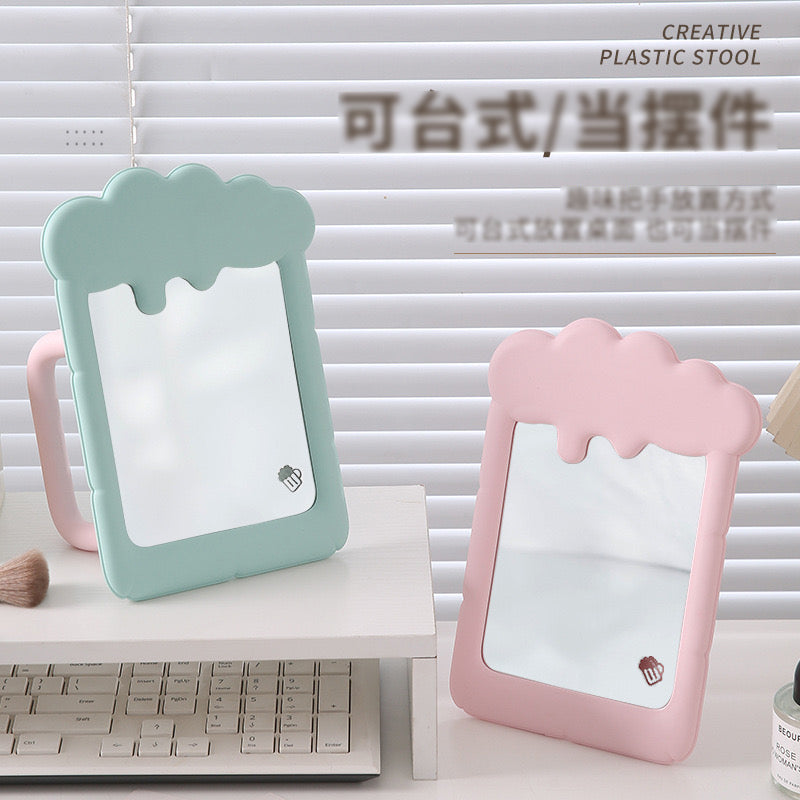 Kawaii Milk Foam Mirror with Handle Pastel Aesthetic Table Mirror