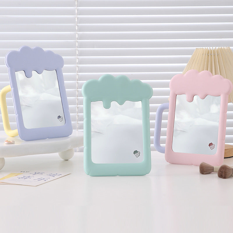 Kawaii Milk Foam Mirror with Handle Pastel Aesthetic Table Mirror