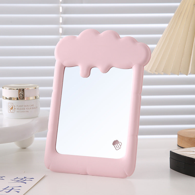 Kawaii Milk Foam Mirror with Handle Pastel Aesthetic Table Mirror