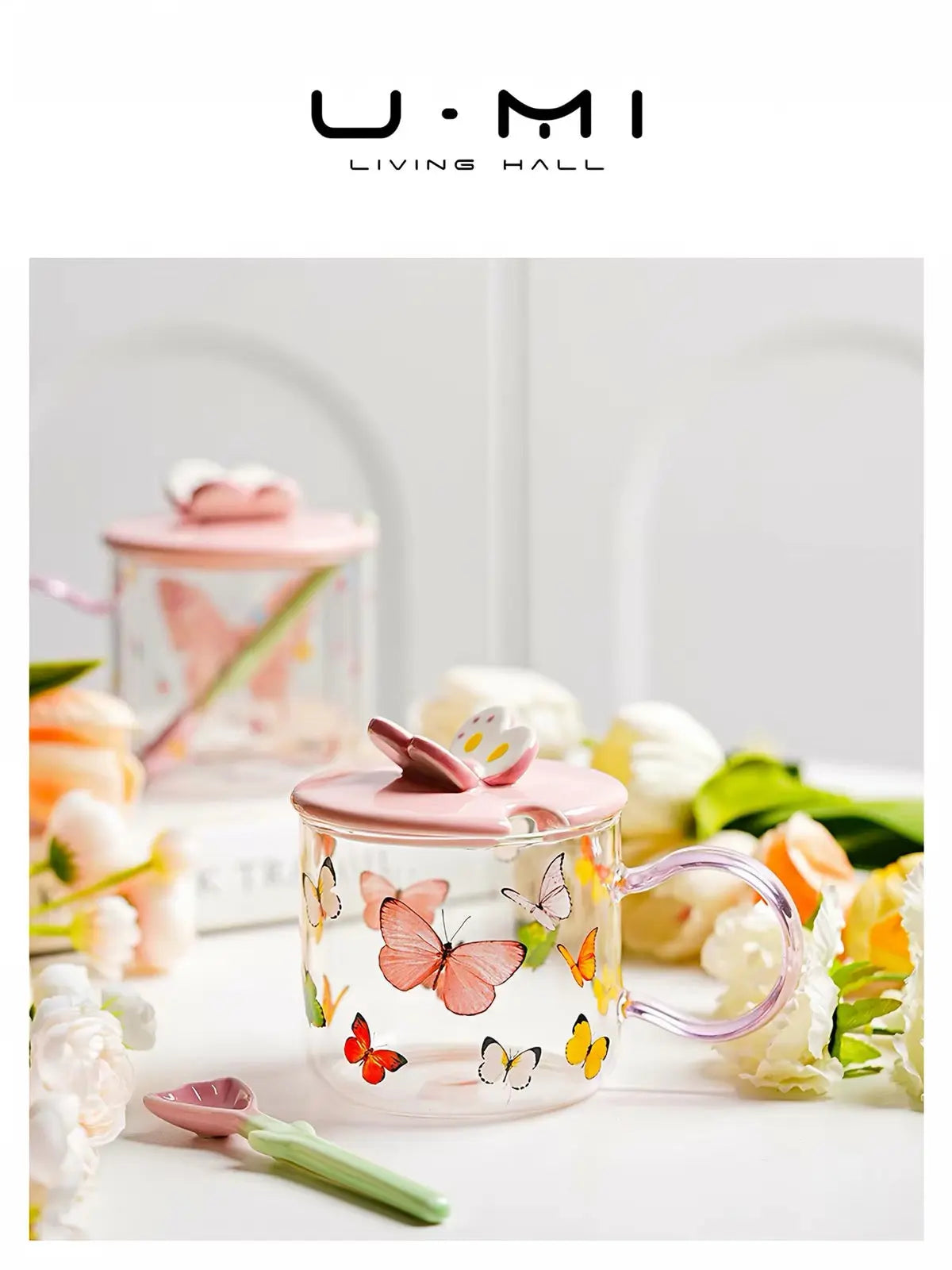 Butterfly Glass Mug with Ceramic Lid & Spoon 520ml