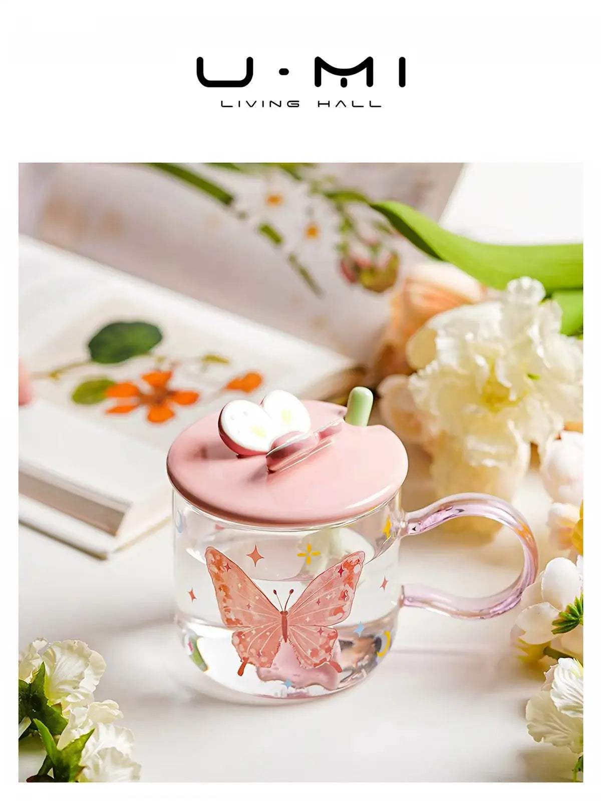 Butterfly Glass Mug with Ceramic Lid & Spoon 520ml
