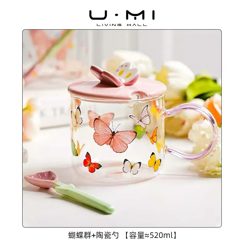 Butterfly Glass Mug with Ceramic Lid & Spoon 520ml