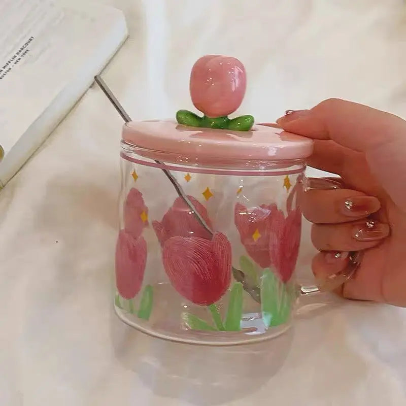 Cute Tulip Glass Mug with Peach Lid & Spoon