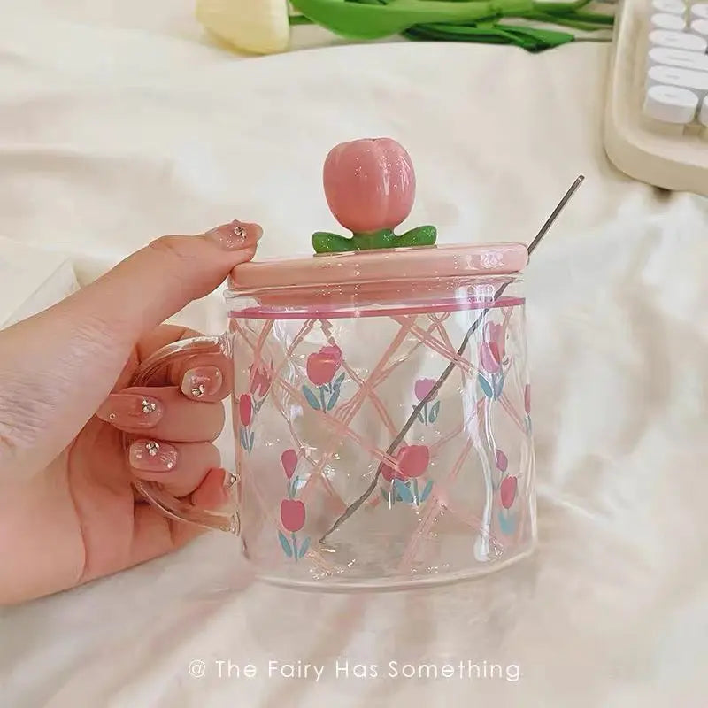 Cute Tulip Glass Mug with Peach Lid & Spoon