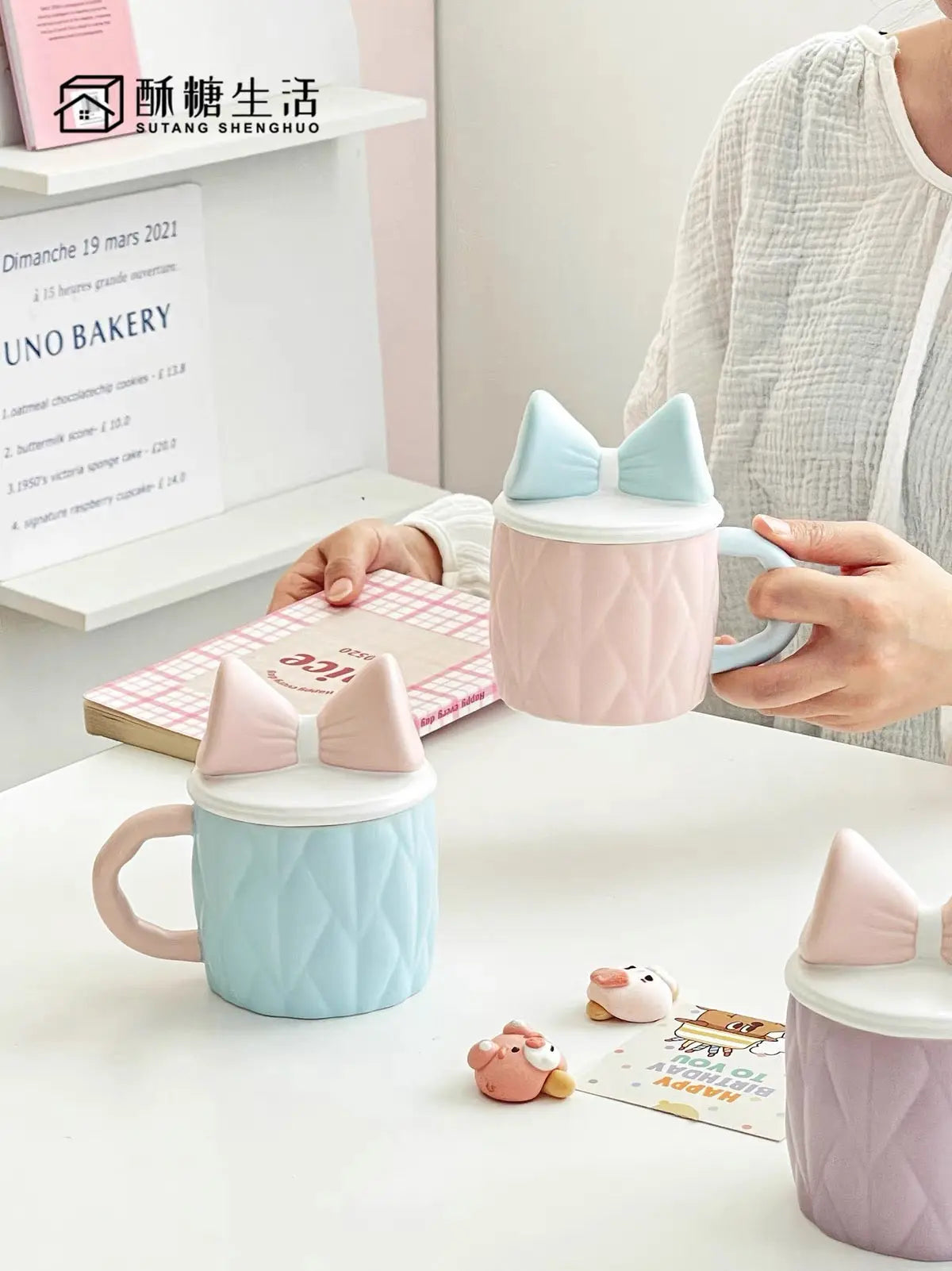 Cute Bow Ceramic Mug with Lid Pastel Sweet Mug