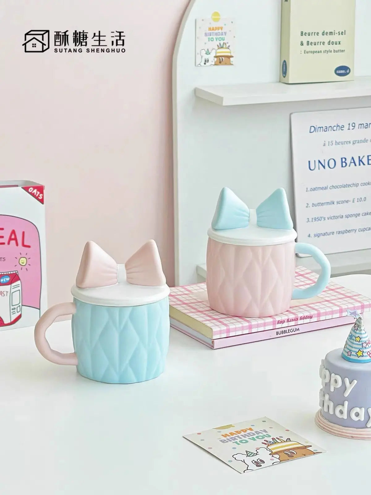Cute Bow Ceramic Mug with Lid Pastel Sweet Mug