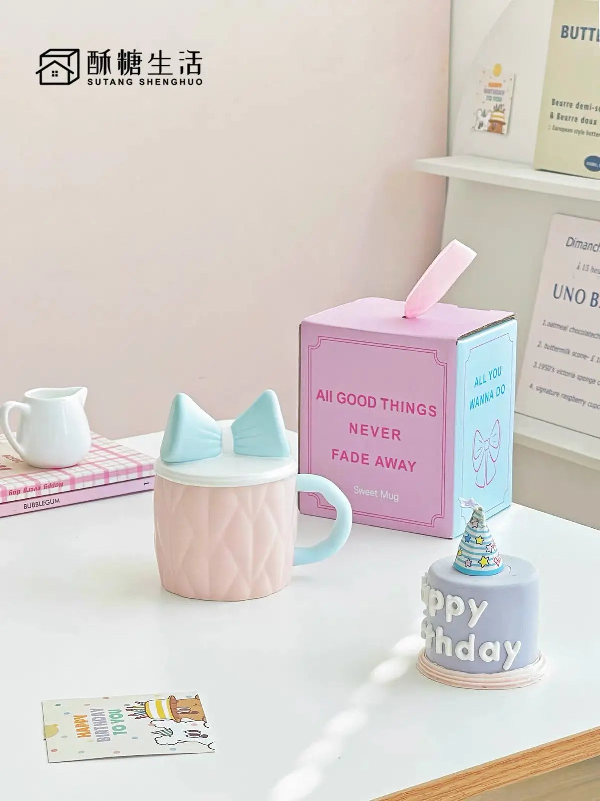 Cute Bow Ceramic Mug with Lid Pastel Sweet Mug
