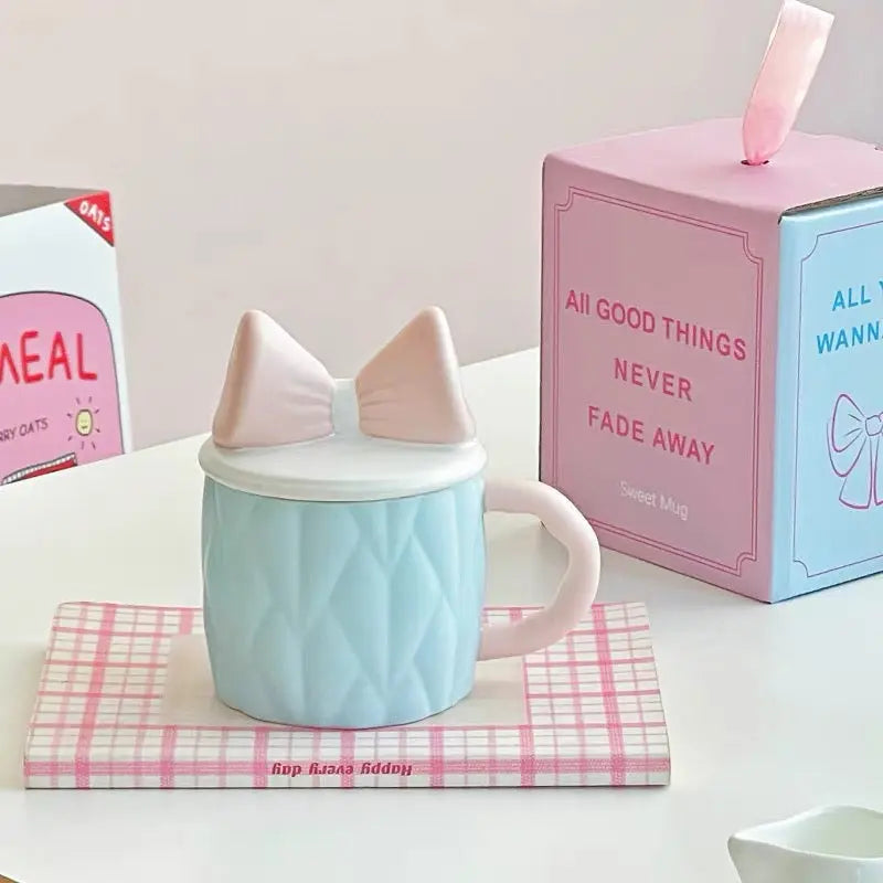 Cute Bow Ceramic Mug with Lid Pastel Sweet Mug