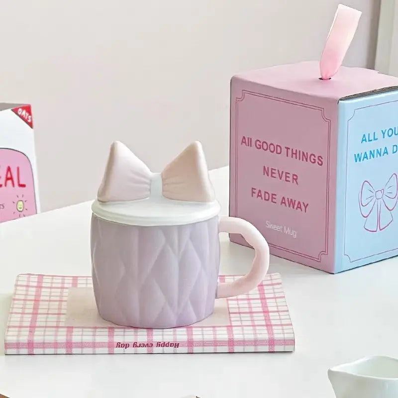 Cute Bow Ceramic Mug with Lid Pastel Sweet Mug