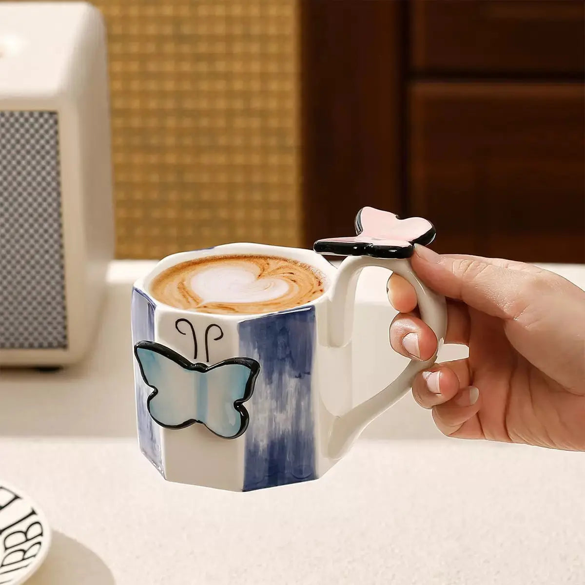 3D Butterfly Ceramic Mug with Bow Spoon & Decorative Handle