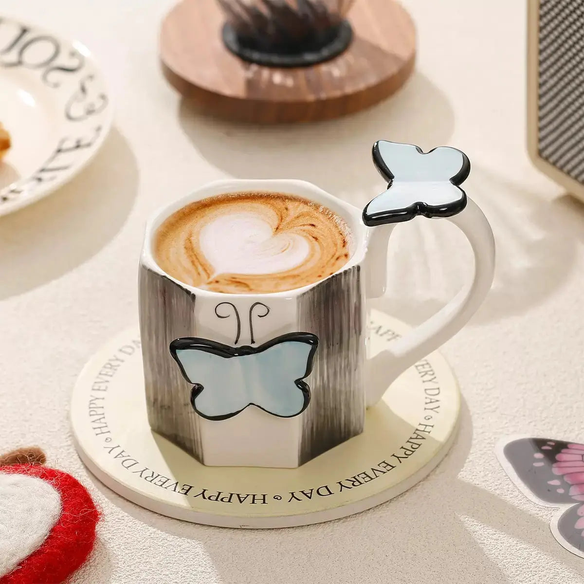 3D Butterfly Ceramic Mug with Bow Spoon & Decorative Handle