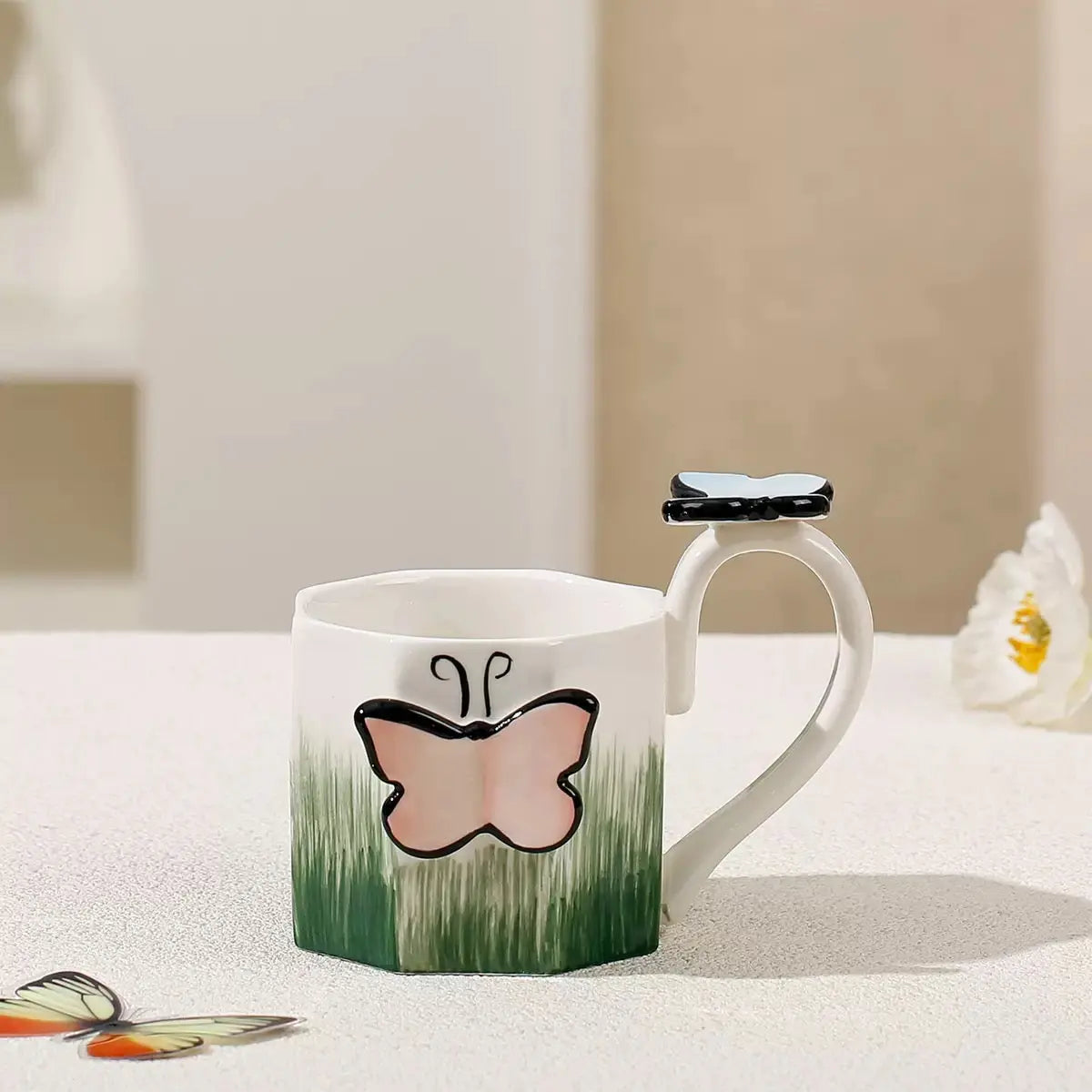 3D Butterfly Ceramic Mug with Bow Spoon & Decorative Handle