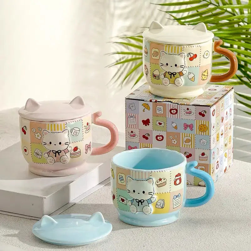 Cute Kitty Ceramic Mug with Cat Ear Without Lid Pastel Coffee Cup