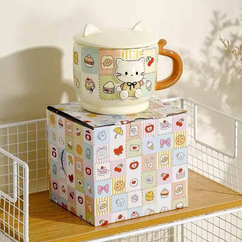 Cute Kitty Ceramic Mug with Cat Ear Without Lid Pastel Coffee Cup