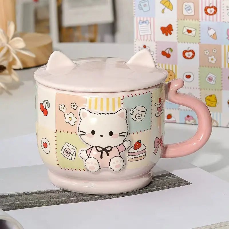 Cute Kitty Ceramic Mug with Cat Ear Without Lid Pastel Coffee Cup