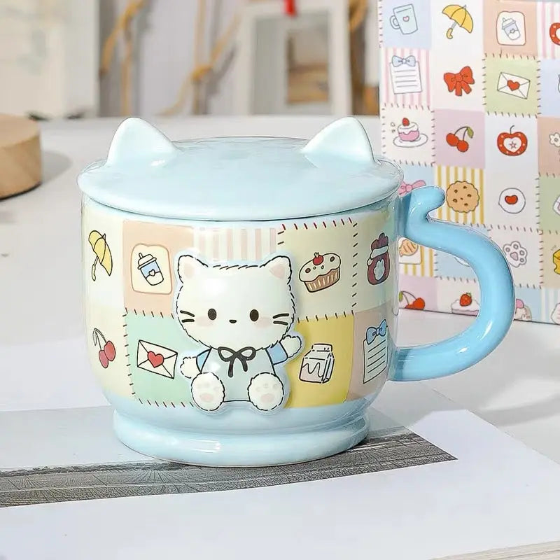 Cute Kitty Ceramic Mug with Cat Ear Without Lid Pastel Coffee Cup
