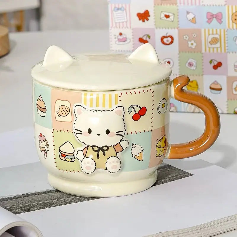 Cute Kitty Ceramic Mug with Cat Ear Without Lid Pastel Coffee Cup