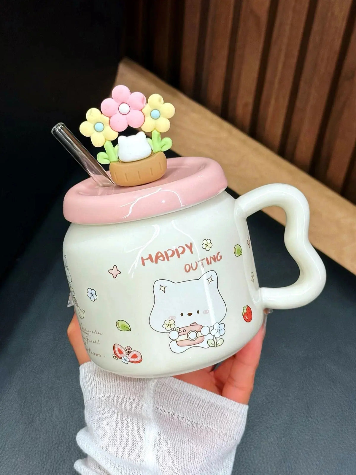 Cute Floral Kitty Ceramic Mug with Lid & Glass Straw