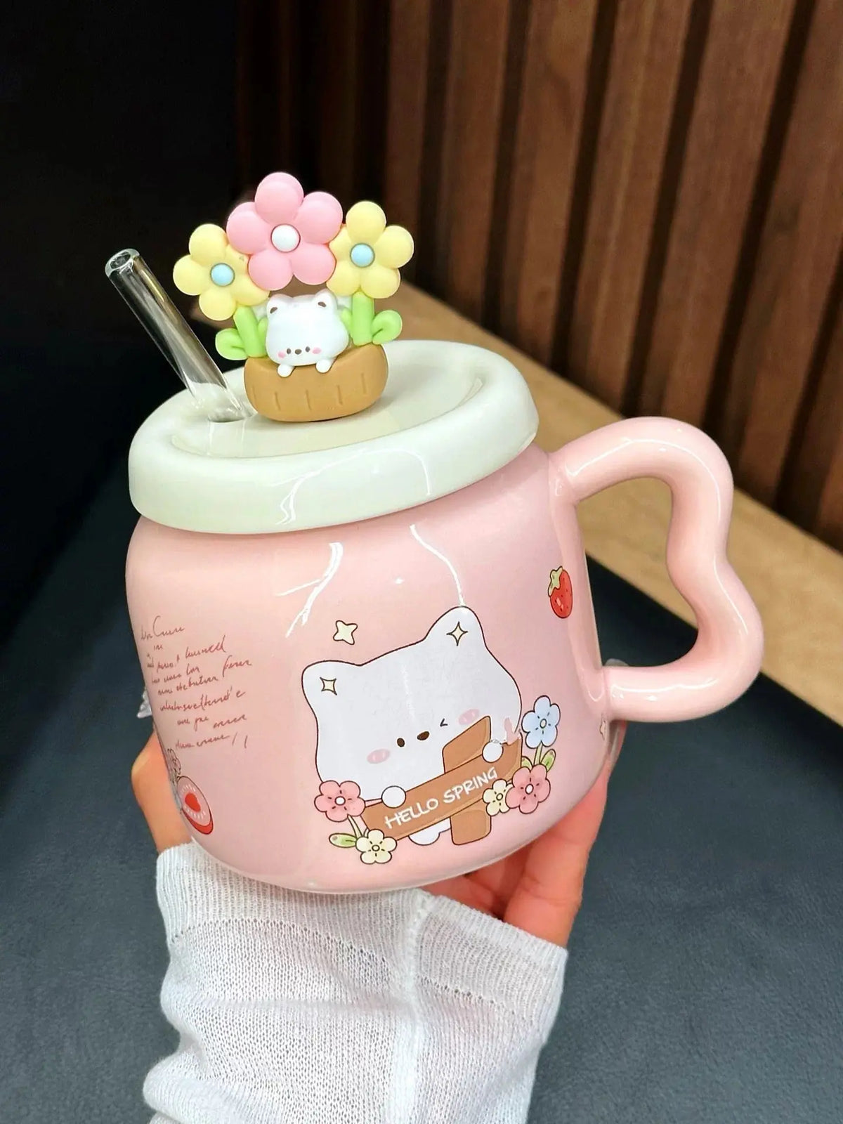 Cute Floral Kitty Ceramic Mug with Lid & Glass Straw
