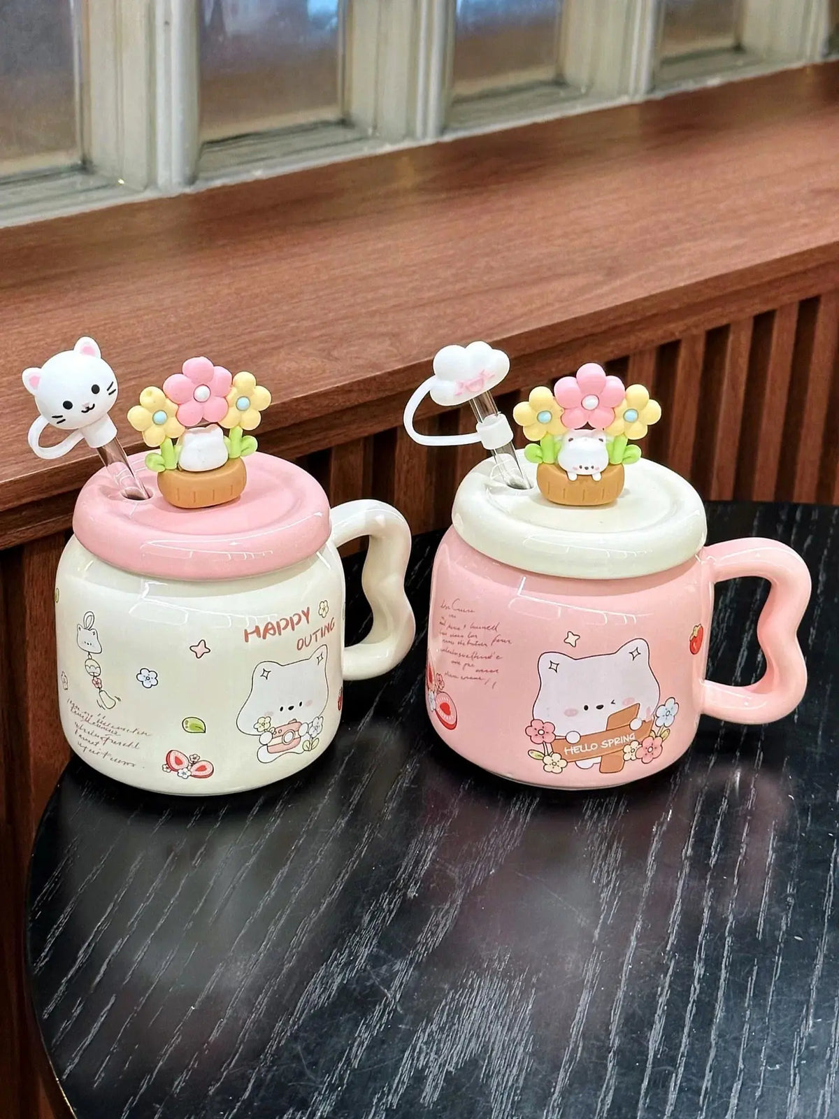 Cute Floral Kitty Ceramic Mug with Lid & Glass Straw