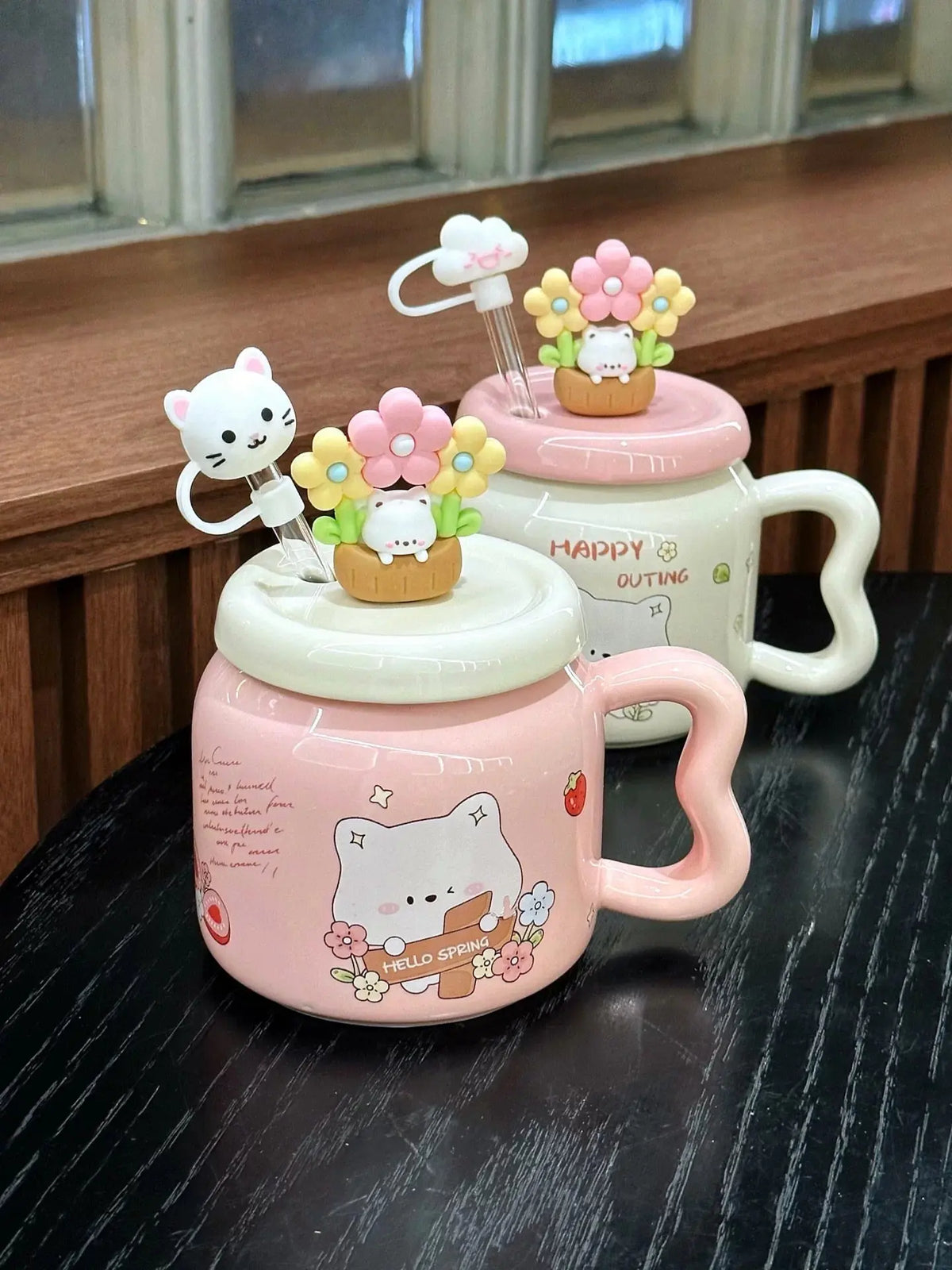Cute Floral Kitty Ceramic Mug with Lid & Glass Straw