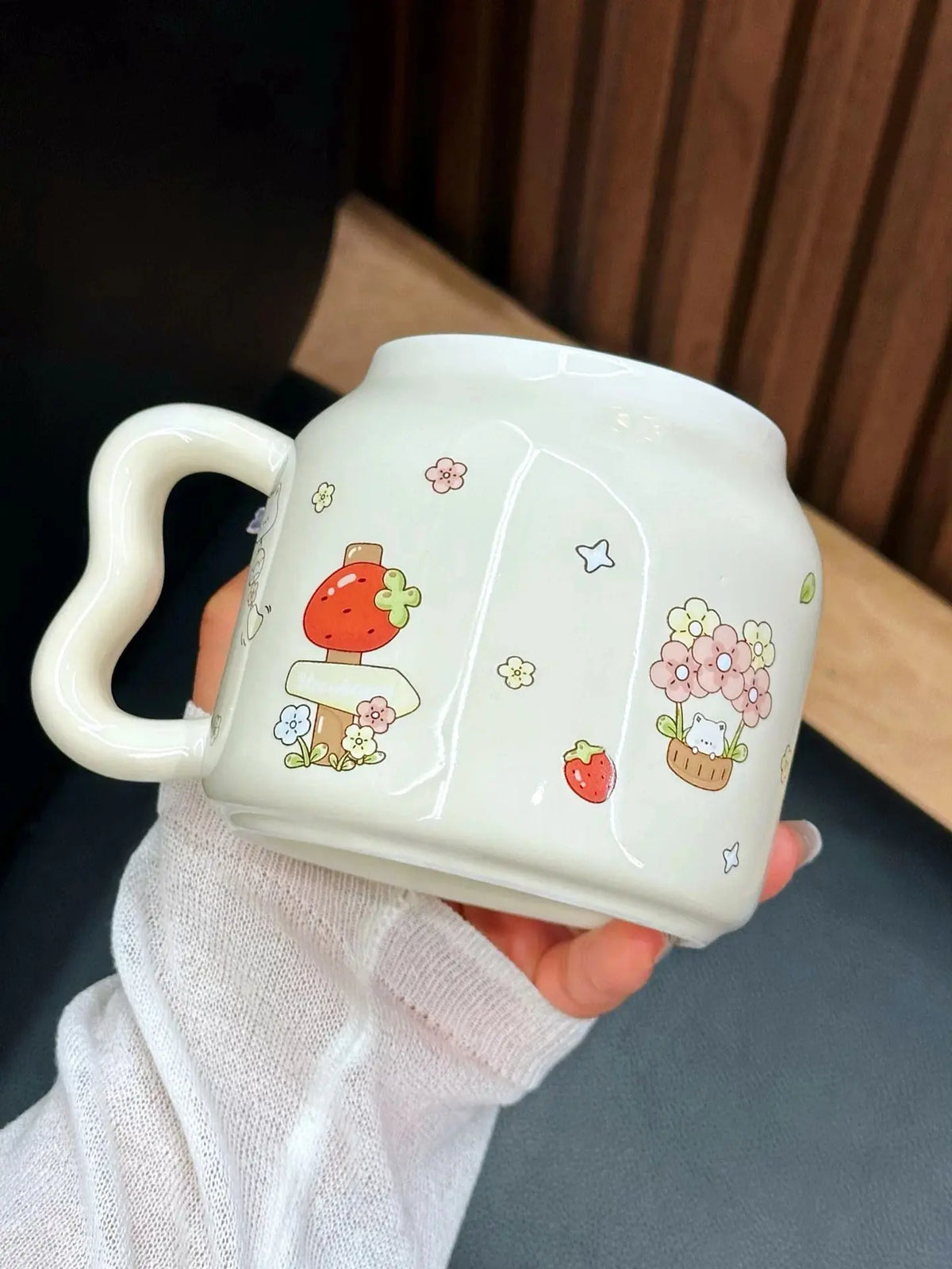 Cute Floral Kitty Ceramic Mug with Lid & Glass Straw