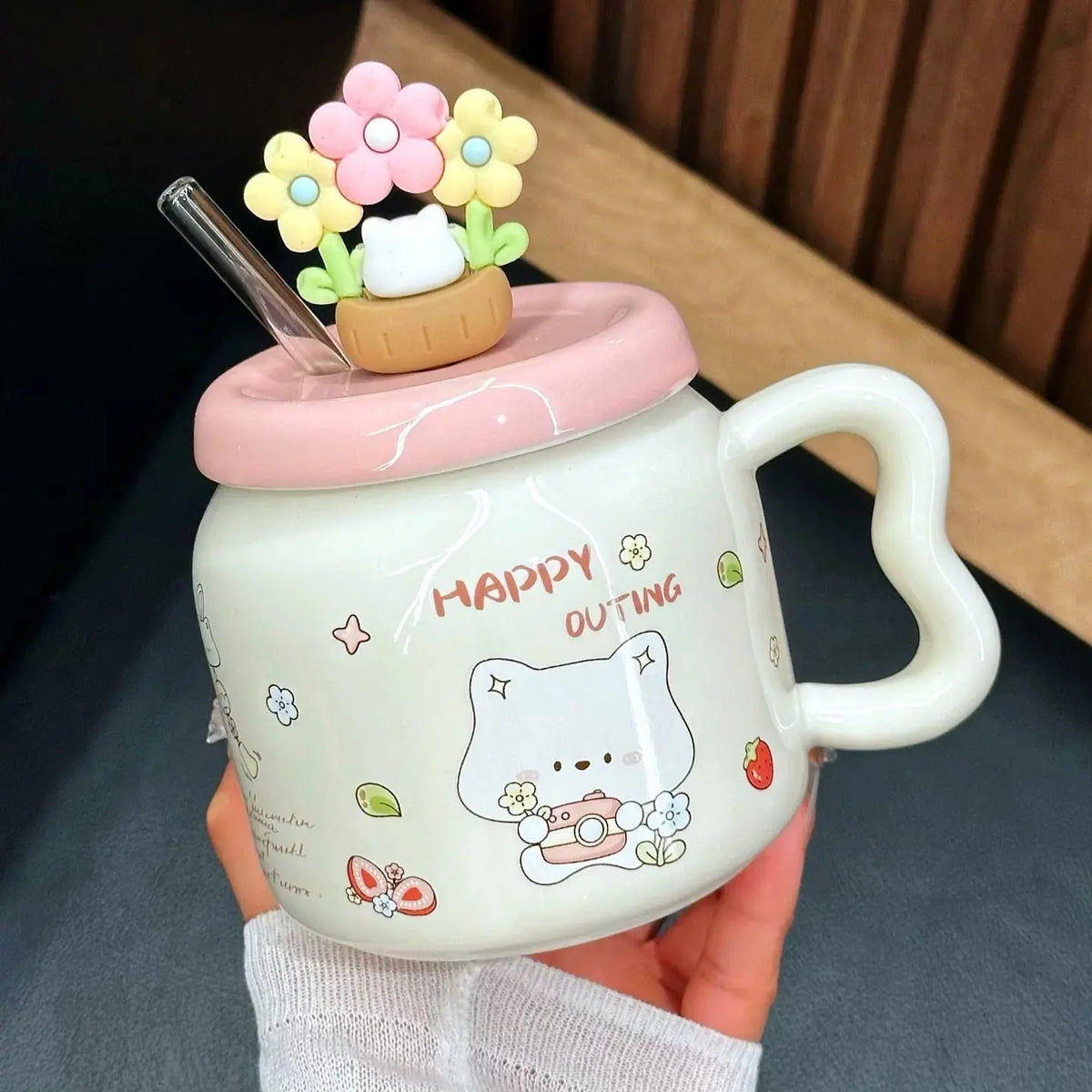 Cute Floral Kitty Ceramic Mug with Lid & Glass Straw