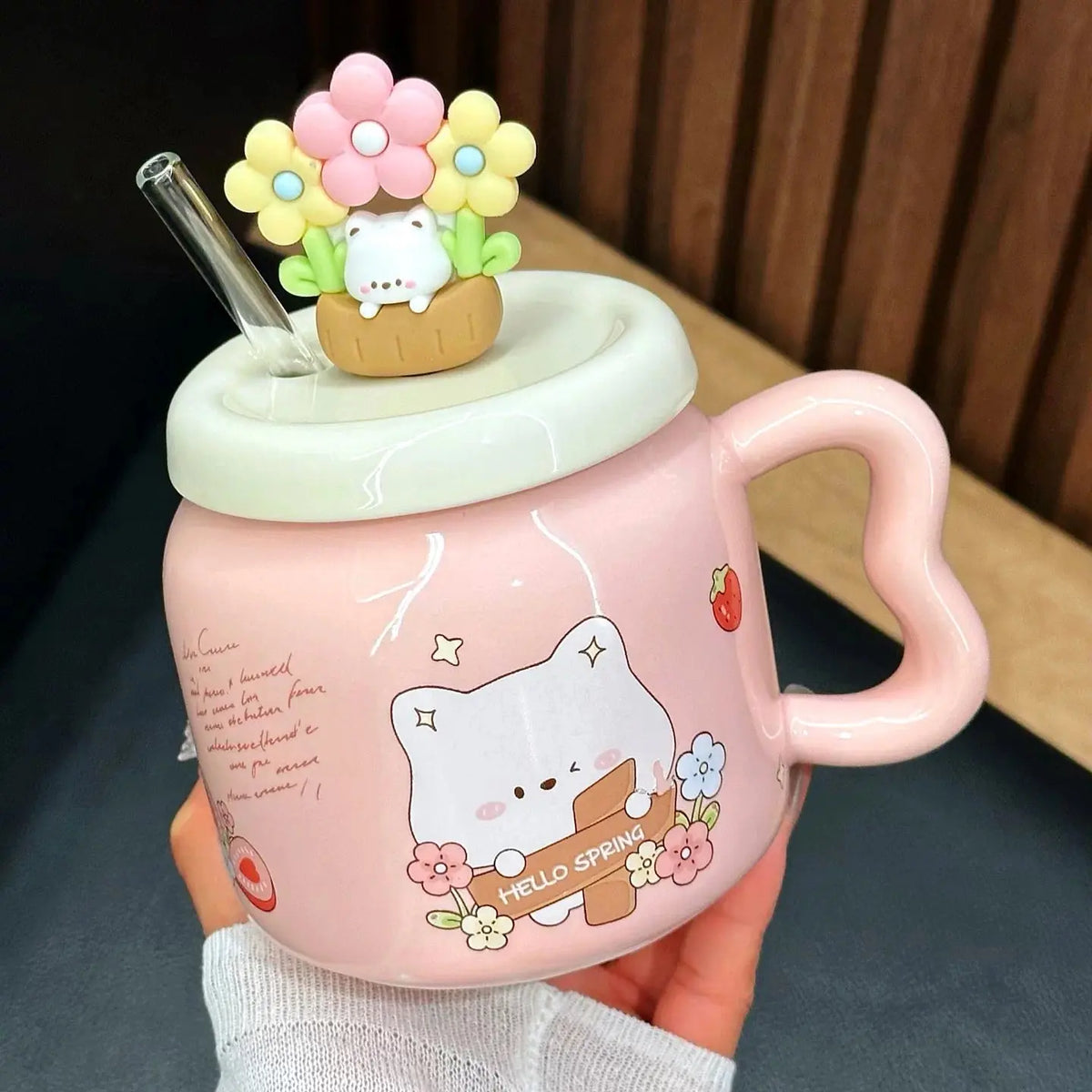 Cute Floral Kitty Ceramic Mug with Lid & Glass Straw