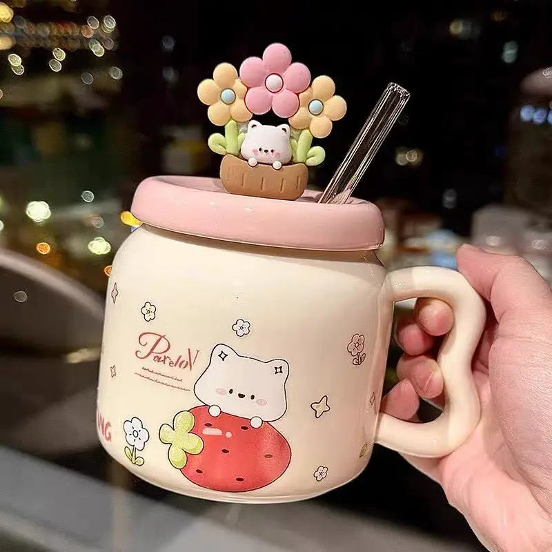 Cute Floral Kitty Ceramic Mug with Lid & Glass Straw